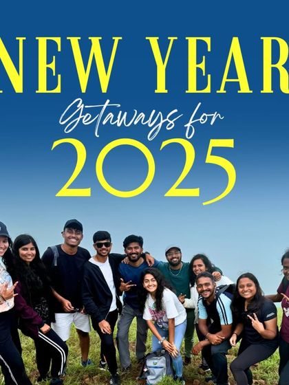 A "New Year Getaways for 2025" poster with a smiling group, perfect for attracting early bookings.