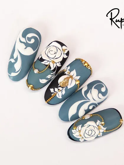 A different arrangement of the blue and gold jewellery nail art set.