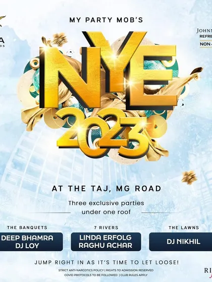 The main event poster for the NYE 2023 party at The Taj, featuring the lineup across three different venues within the hotel.