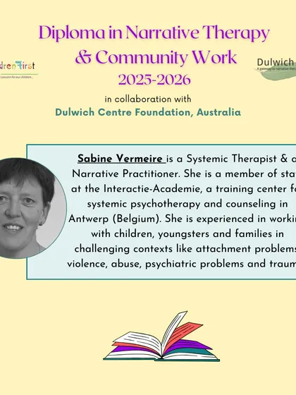 This image introduces another esteemed faculty member for our Narrative Therapy diploma, a Systemic Therapist and Narrative Practitioner from a leading training center in Belgium.