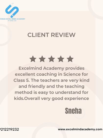 A client review from Sneha for our Class 5 Science coaching, mentioning the kind and friendly teachers and the easy-to-understand teaching methodology.