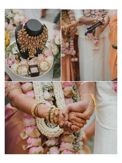 A collage of wedding details, from the intricate jewelry to the joining of hands, telling the story of their union.