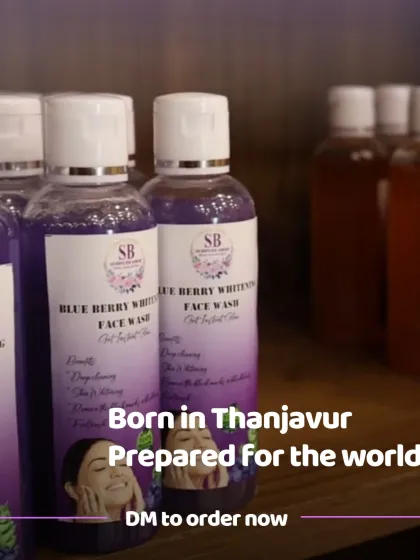 Born in Thanjavur, prepared for the world. This shot shows my Blueberry Whitening Face Wash, a product that represents my local roots and global aspirations.