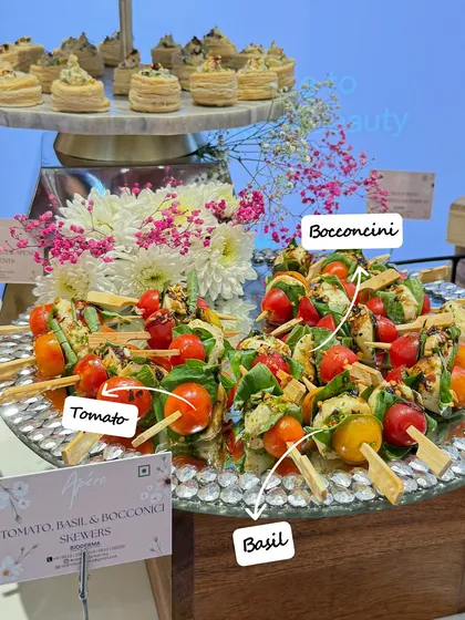 Fresh and simple Tomato, Basil & Bocconcini Skewers from the Bioderma event. A classic Caprese salad on a stick is always a refreshing and popular choice.