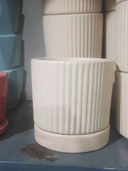 A classic, ribbed ceramic planter with an attached saucer. This timeless design in a neutral off-white color fits well with any interior style, from modern to traditional.