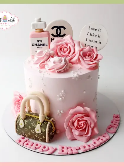 For the fashion lover, this chic cake combines luxury and sweetness. It features edible details inspired by iconic brands like Chanel and Louis Vuitton, delicate sugar roses, and a touch of pearl-like beading, making it a stylish and personalized cake for a sophisticated celebration.