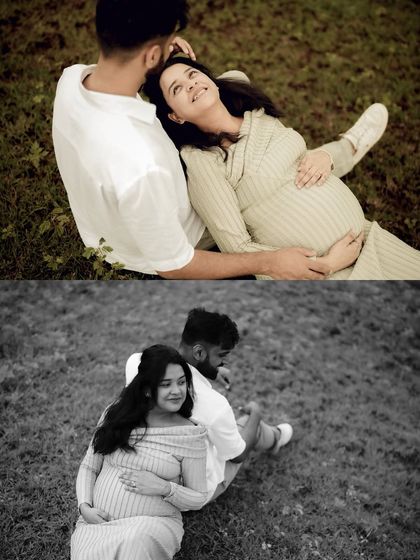 A collage showing two relaxed and intimate moments. The top frame has her resting in his lap, and the bottom shows them sitting together, both highlighting their comfortable, easy love.