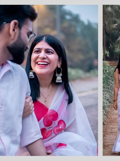 This collage focuses on the bride's beautiful, heart-printed saree and her joyful interactions with her partner during their outdoor shoot.