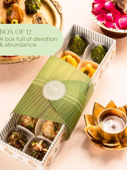 For Ganesh Chaturthi, I offer Bappa's favourite sweet in abundance. This box of 12 handcrafted modaks is perfect for sharing with family and friends, a box full of devotion and festive joy.