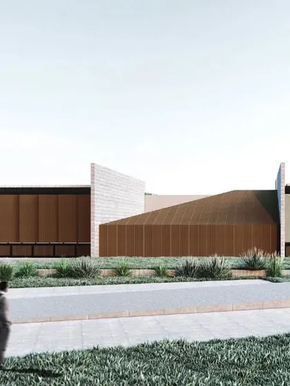 A conceptual design for a winery in Solapur, Maharashtra. The architecture is composed of modular, earth-toned volumes with large, screened facades (brise-soleil) that help regulate temperature while creating a strong, minimalist aesthetic that respects the landscape.