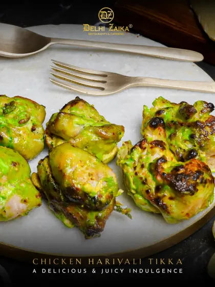 Our Chicken Hariyali Tikka offers a delicious and juicy indulgence. Marinated in a fresh paste of mint, coriander, and green chilies, it has a vibrant color and a zesty, herbaceous flavor.