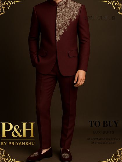 A full-length view of the wine maroon Jodhpuri, showing its impeccable fit and the luxurious sheen of the fabric.