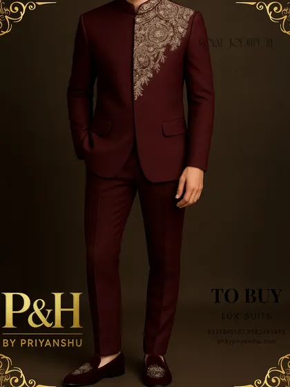 A full-length view of the wine maroon Jodhpuri, showing its impeccable fit and the luxurious sheen of the fabric.