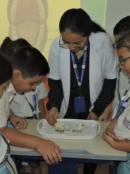 Students gather around for a closer look at a dental model, allowing them to understand the structure of teeth in a hands-on manner.