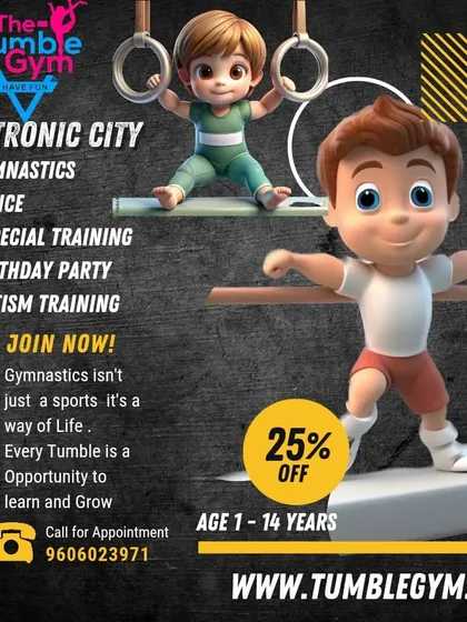 A promotional flyer for our Electronic City branch, highlighting our diverse offerings like gymnastics, dance, and autism training with a special 25% off offer.