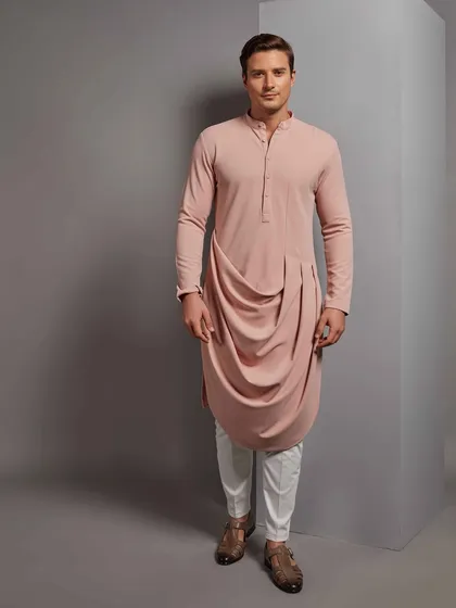 Draping is not just for women's wear. This striking blush pink kurta features a sculpted cowl drape, offering a unique and fashion forward silhouette for the modern man.