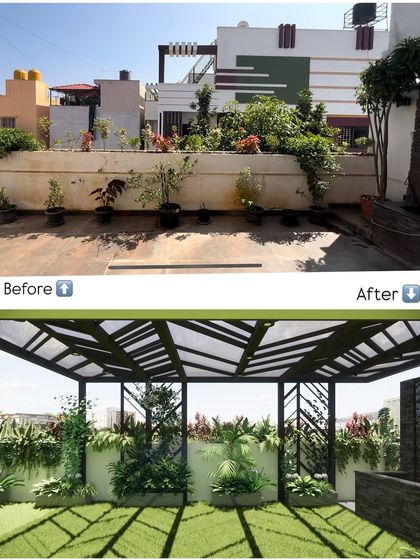 From a few scattered pots to a fully designed green space. Our concept for this terrace introduces structured planters and a dramatic pergola to create a cohesive and inviting outdoor room.