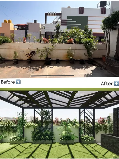 From a few scattered pots to a fully designed green space. Our concept for this terrace introduces structured planters and a dramatic pergola to create a cohesive and inviting outdoor room.