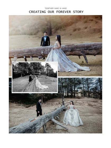 An elegant album page design from a forest shoot, featuring a couple in formal wear. The layout balances a large hero shot with smaller supporting images.