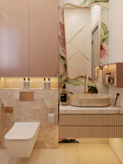 Even the smallest spaces deserve a touch of luxury. This bathroom showcases a floating vanity with a ribbed texture, a vibrant floral accent wall, and elegant rose gold fixtures. Smart, concealed storage and warm ambient lighting transform this functional area into a personal spa.
