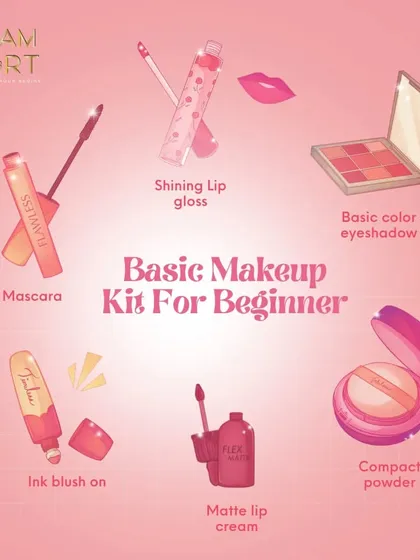 Here is a basic makeup kit for any beginner. All you need is a good mascara, lip gloss, eyeshadow palette, blush, matte lip cream, and compact powder to get started.