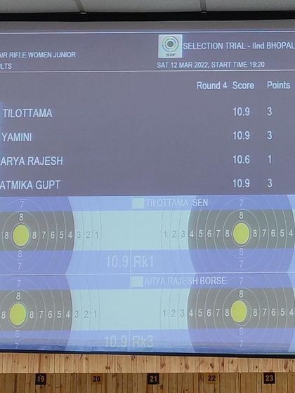 A look at the live electronic scoreboard during the selection trials. This technology provides real-time scoring and is crucial for modern competitive shooting.
