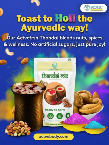 Toast to Holi the Ayurvedic way! This image showcases our Actvefrsh Thandai, highlighting its blend of nuts, spices, and wellness with no artificial sugars, just pure joy for your celebrations.