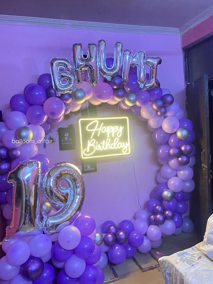 A full view of the 19th birthday setup, including foil balloons spelling out the name 'BHUMI'.