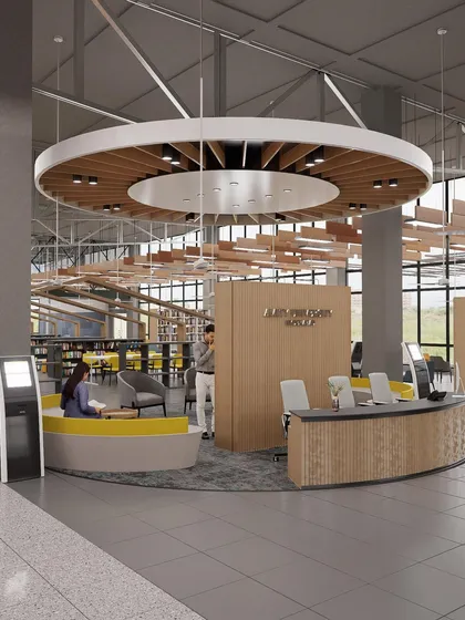 This render for the library at Amity University, Hyderabad, showcases our vision for modern libraries. We design them as comprehensive spaces for learning with flexible layouts, double-height glazing, and a mix of instructional, collaborative, and private zones to suit diverse needs.
