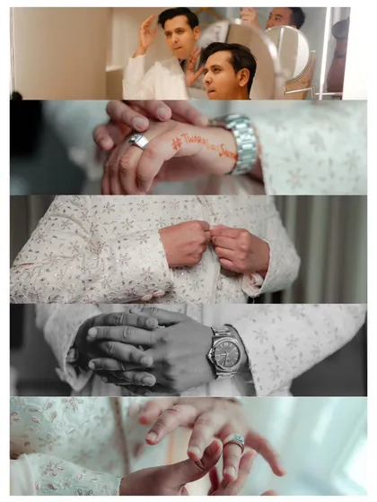 A film-strip style collage showing the groom's details. The focus is on his hands, his watch, and the small, significant moments of preparation.