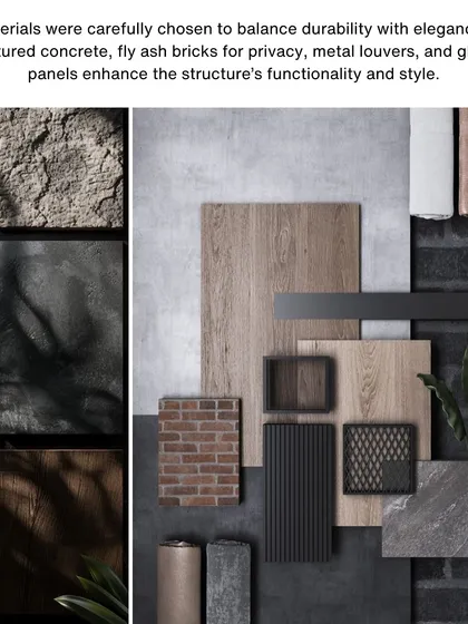 The material palette was carefully chosen to balance durability with elegance. Textured concrete, fly ash bricks, metal louvers, and glass panels all contribute to the structure's functionality and style.