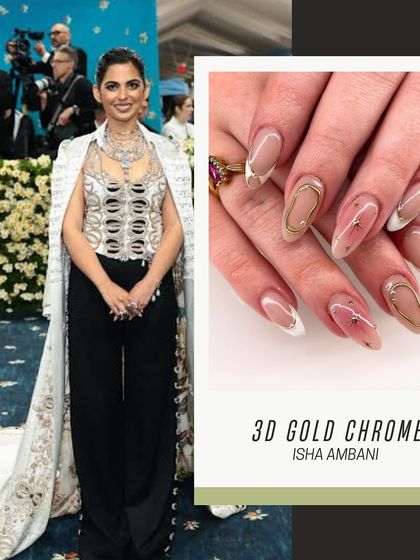Inspired by Isha Ambani's Met Gala look, these nails feature intricate 3D gold chrome detailing for a high-fashion, sculptural effect.