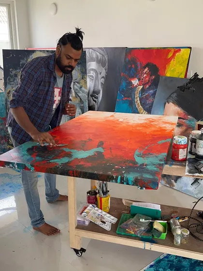 A look at my process for creating the abstract piece 'The Uprising'. I work with thick acrylics and palette knives on large canvases, building up layers of color and texture to create a sense of dynamic energy.