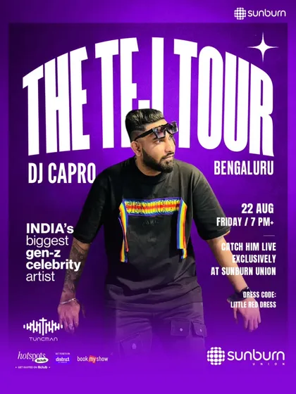 The official poster for 'The Tej Tour' at Sunburn Union in Bengaluru. Being featured as a 'gen-z celebrity artist' for a major brand like Sunburn highlights my appeal and reach.