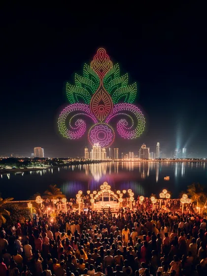 Above a beautiful wedding mandap, I created a vibrant, multi-colored paisley design that reflected the event's decor. My shows can be customized to match your wedding's theme and color palette for a cohesive and immersive experience.