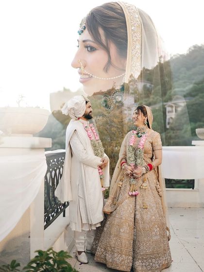 An artistic double-exposure portrait of the couple at their destination wedding. The layering of images creates a beautiful and romantic tribute to their union.