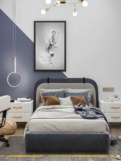 A contemporary teen's bedroom featuring a custom headboard, integrated bedside tables, and floor-to-ceiling wardrobes. The design incorporates a study desk, making it a perfect space for both rest and work.