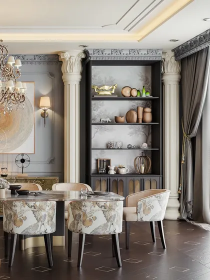 A dining room that blends classical and contemporary elements, with ornate columns and a modern shelving unit. The chairs, with their delicate print, add a touch of softness.