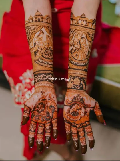 This design combines divine blessings with wedding celebrations, featuring Radha Krishna on the arms and baraat procession elements on the palms.