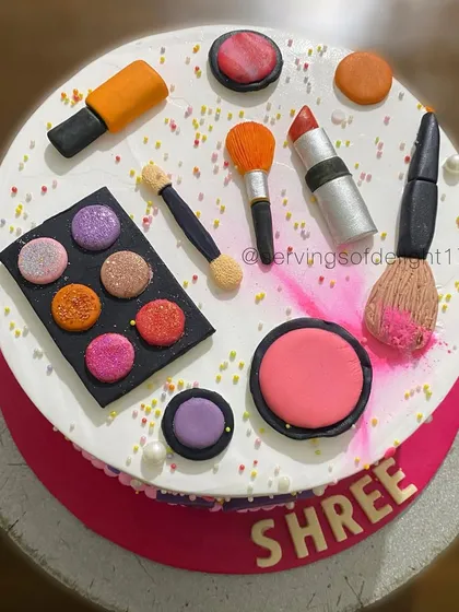 The complete makeup lover's cake, personalized with the birthday girl's name. It's a glamorous and fun cake for anyone who loves beauty.