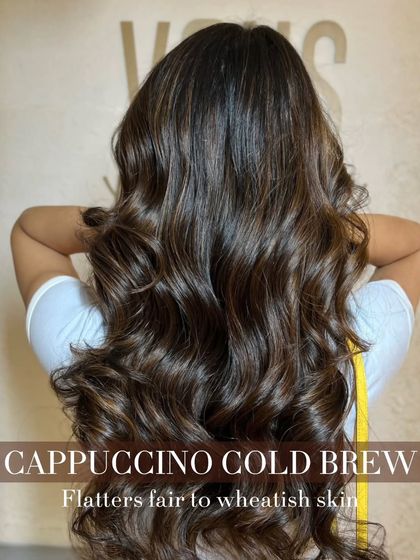 Meet Cappuccino Cold Brew, a custom shade that flatters fair to wheatish skin tones. This color combines a deep base with lighter, cooler highlights for a refreshing and dimensional effect.