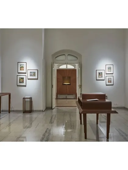 The interior of the restored Heritage House at the Kasturbhai Lalbhai Gallery. We maintained the original room layouts and residential scale to display the art collection in an intimate, personal setting, as it was originally intended.