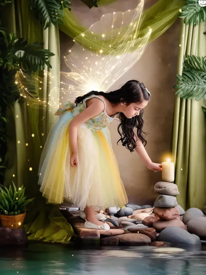 This little fairy lights a candle by the water's edge, a beautiful and story-like moment from a themed session.