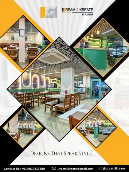 This collage presents another restaurant project, highlighting the clean and bright dining area with simple wooden furniture and a fresh color palette.