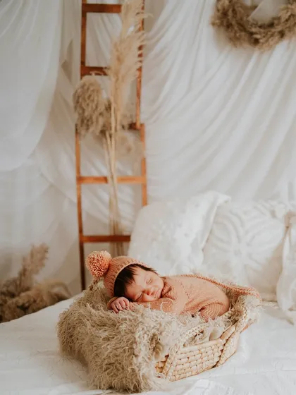 A wider view of the beautiful boho setup for this newborn session. The natural elements create a calm and earthy vibe.