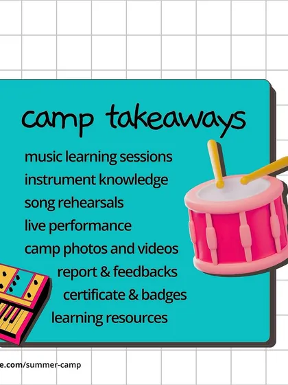 What are the camp takeaways? Beyond learning, kids get live performance experience, reports, certificates, badges, and learning resources to continue their journey.