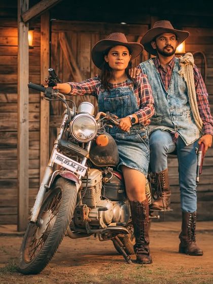 A fun and adventurous cowboy-themed pre-wedding shoot. Using props like a motorcycle and western outfits, we can create a unique and memorable story that reflects your personality.