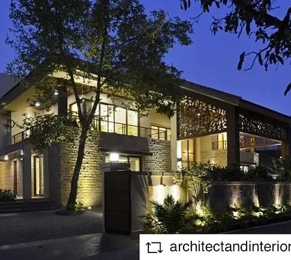 This is a weekend home we designed in Khandala, captured at dusk. Our goal was to create a tranquil escape that blends luxury with nature, using strategic lighting to highlight the architectural form and create a warm, inviting atmosphere against the valley backdrop.