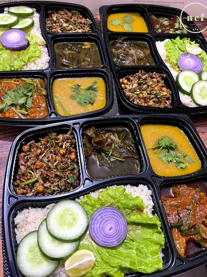 My home-style thalis, packed and ready for you to enjoy. This shows how I portion rice, curries, and sides for a complete meal experience.
