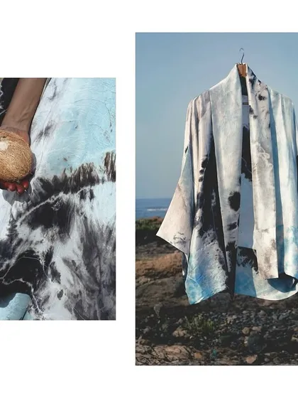 Detail shots from the 'Sacred Wrap' campaign. This diptych showcases the texture of the naturally dyed fabric and its connection to natural elements like a coconut.
